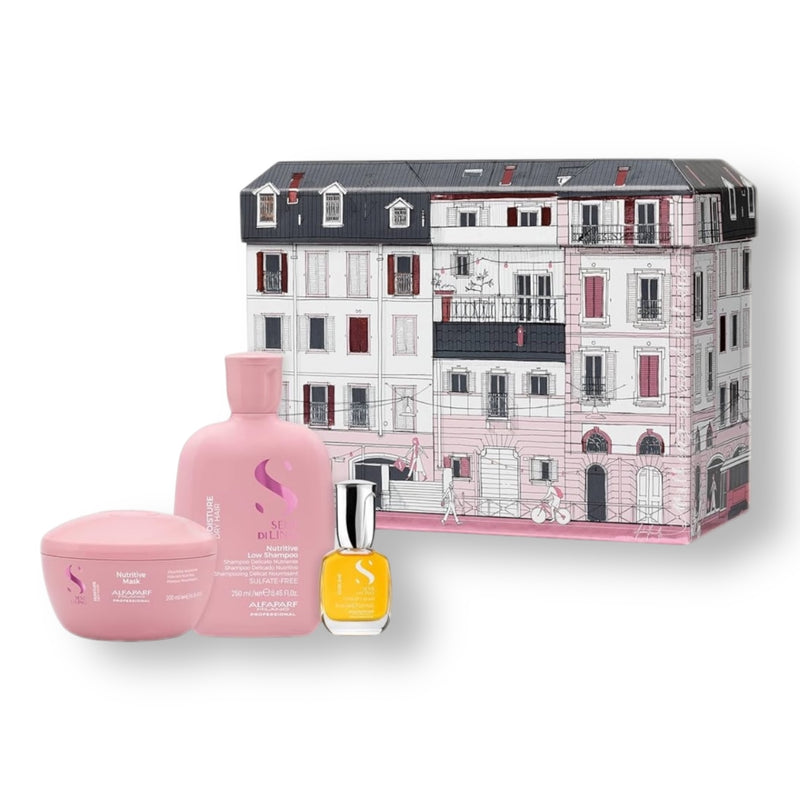 AlfaParf S Semi Di Lino MOISTURE Nutritive Gift Set - Nutrivie Low Shampoo, Mask, Cristali Liquidi Hair Oil Serum