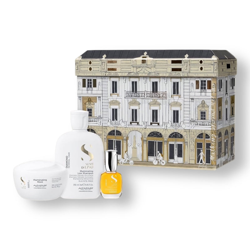 Alfaparf S Semi Di Lino DIAMOND Illum Gift Set - Illuminating Low Shampoo, Mask, Cristalli Liquidi Hair Oil Serum