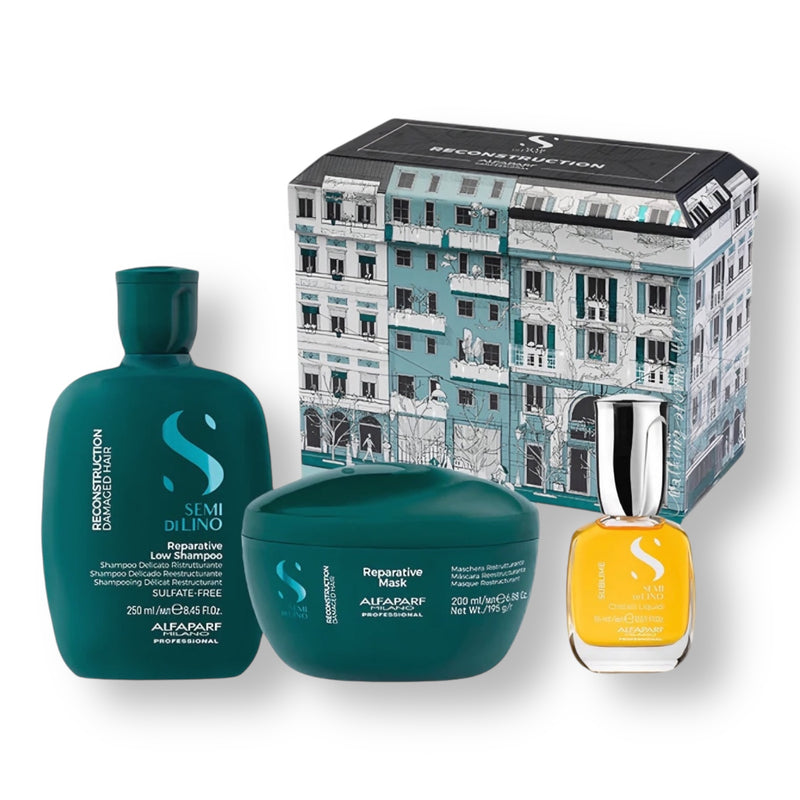 AlfaParf S Semi Di Lino RECONSTRUCTION Reparative Gift Set - Reparative Low Shampoo, Mask, Cristalli Liquidi Hair Oil Serum